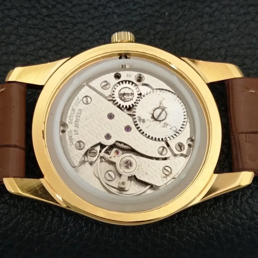 Vintage 1973 Roamer Manual Mens Gold Watch W/Leather Strap & Silver accents